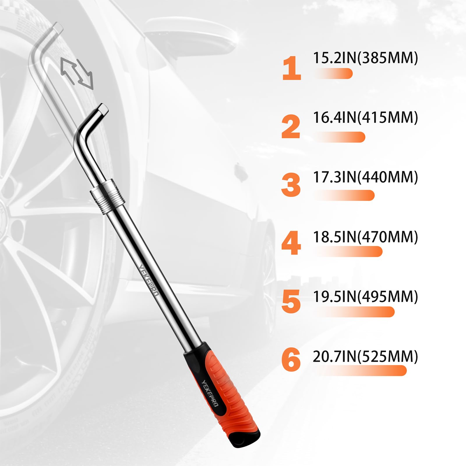 YEKEPRO wrench extended demonstrating added leverage for stubborn lug nuts