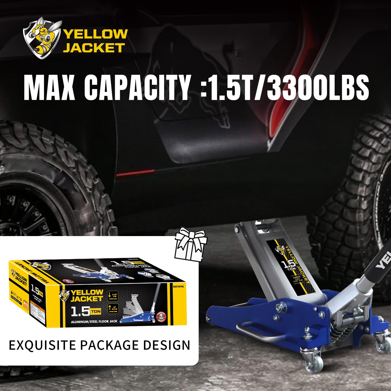 YELLOW JACKET next to a car wheel for scale, showing compact portability benefit