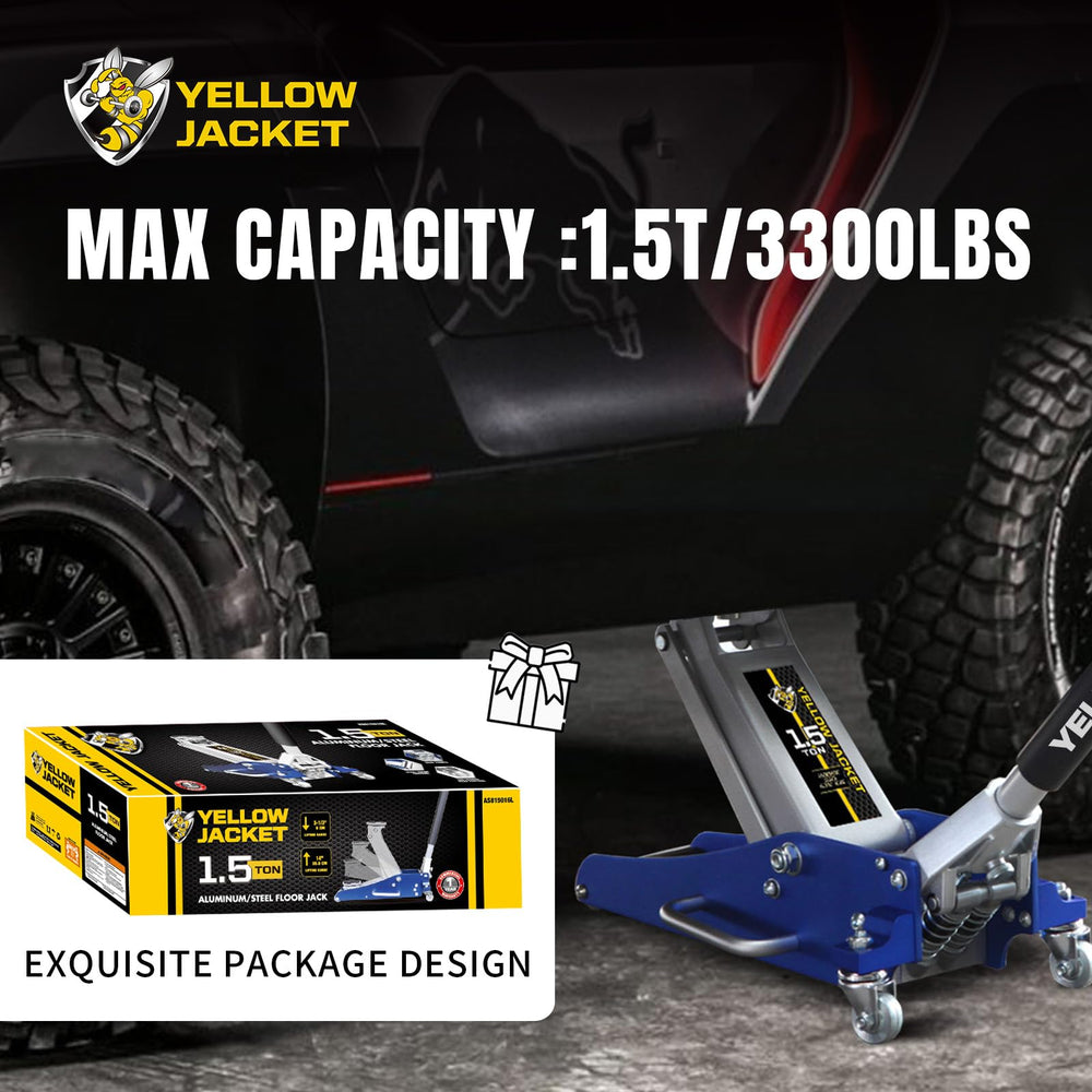 YELLOW JACKET next to a car wheel for scale, showing compact portability benefit