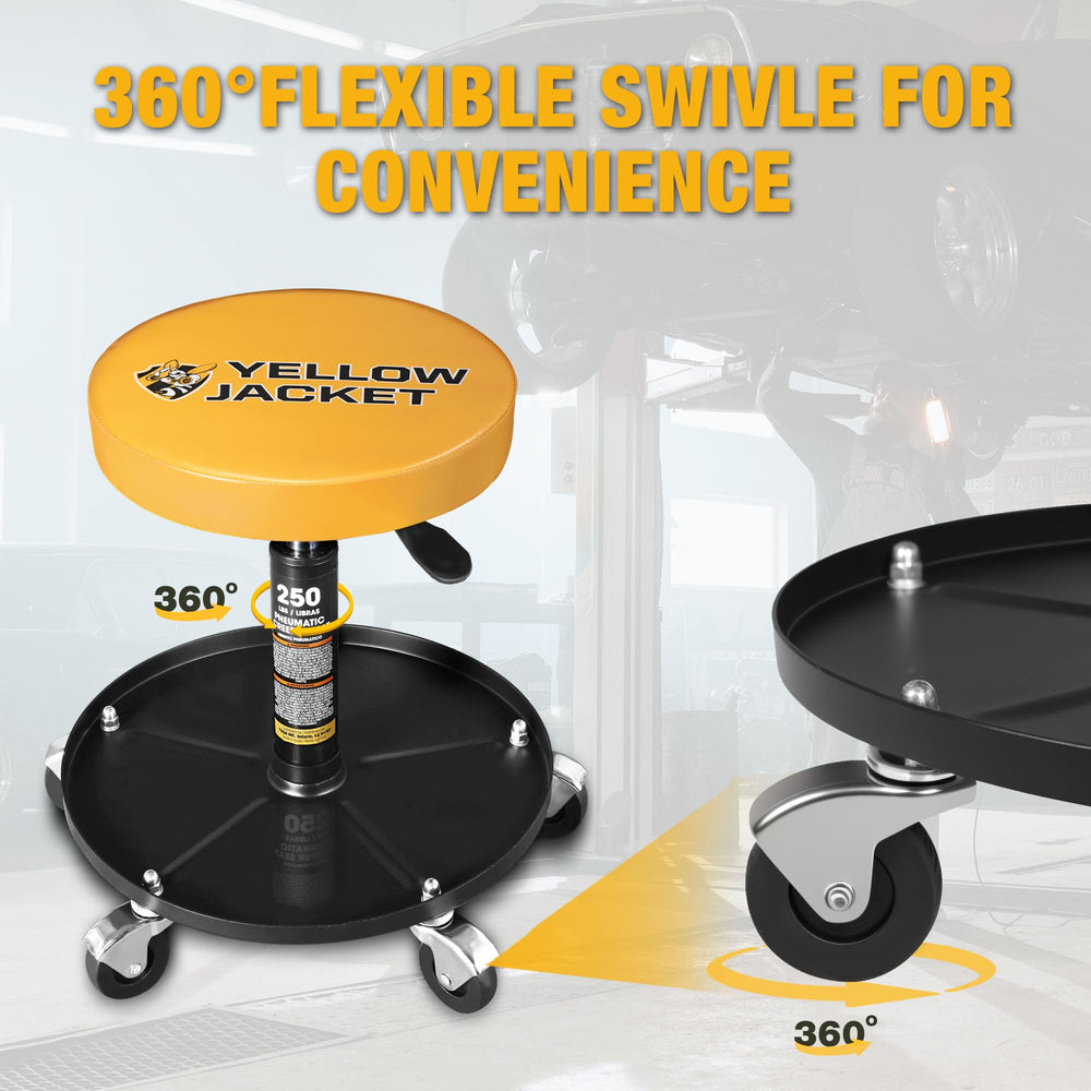 YELLOW JACKET stool in garage near vehicle demonstrating mobility and ergonomic support