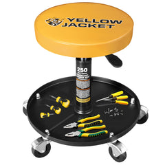 YELLOW JACKET front view of rolling mechanic stool showing sturdy frame and cushion comfort