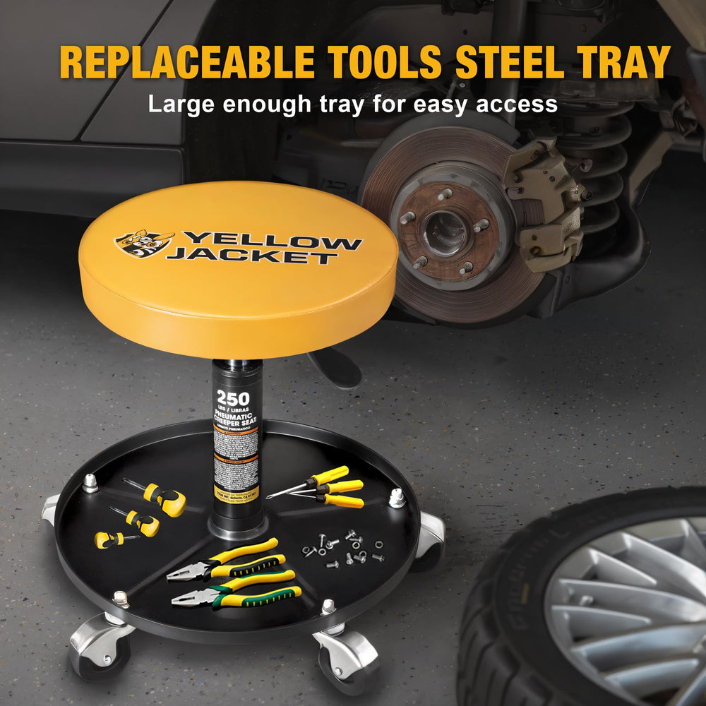 YELLOW JACKET stool next to tape measure showing adjustable height range convenience