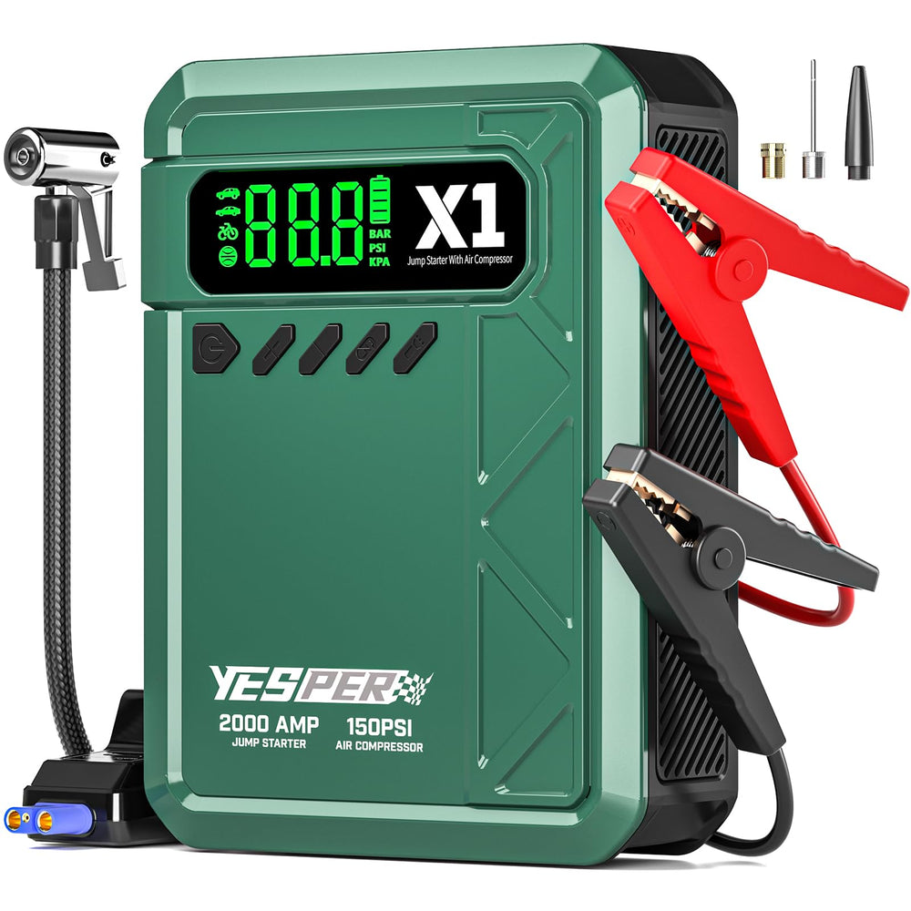 YESPER X1 front view showing compact jumper and pump, reliable roadside power