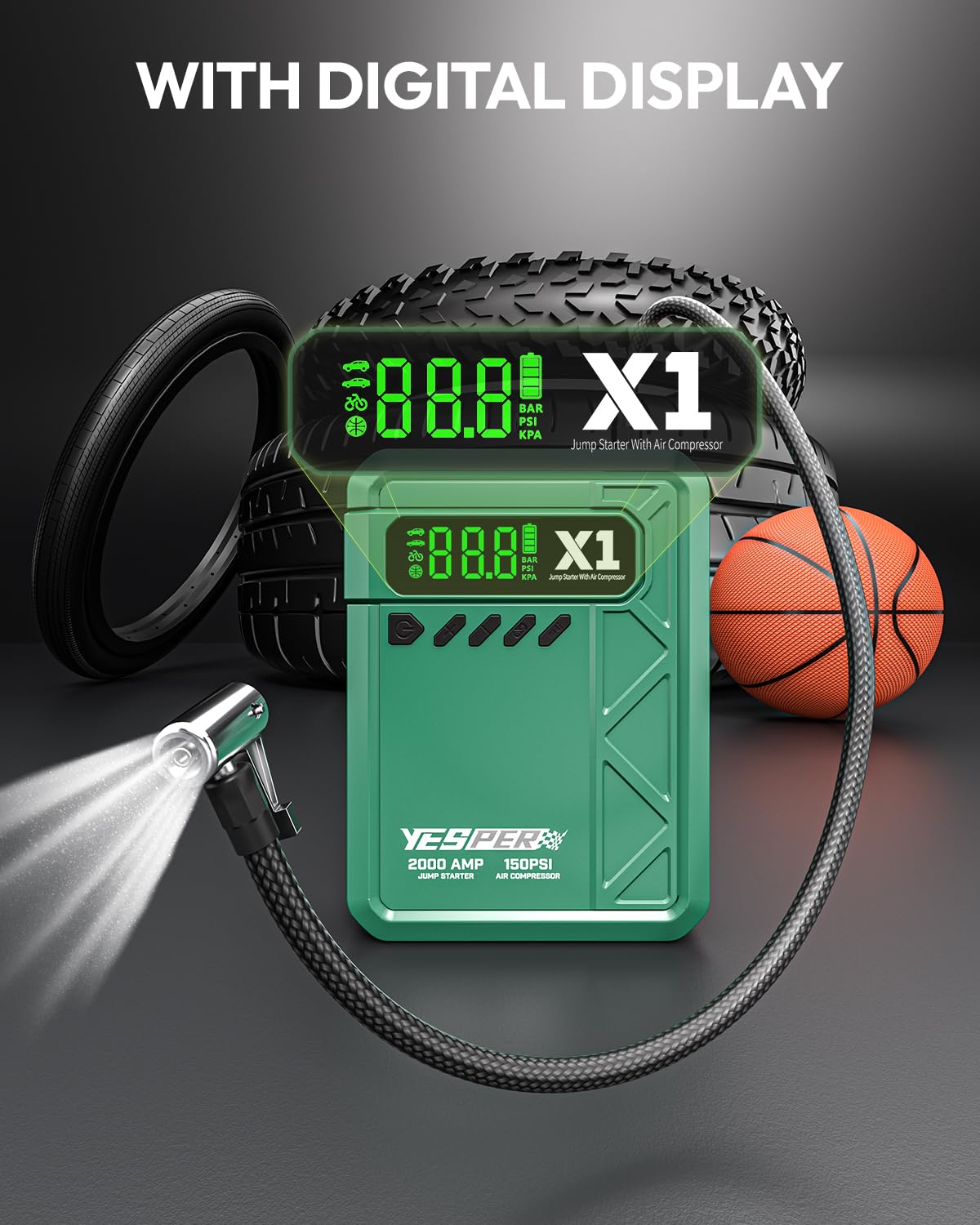 YESPER LCD close-up displaying battery level and pump presets for easy monitoring