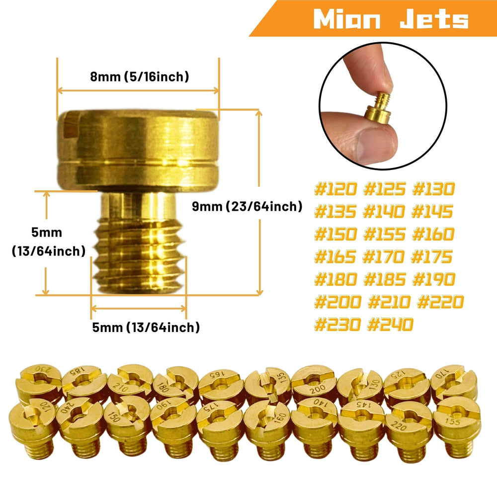 YGQ close-up of brass main jets showing sizes, aiding precise midrange tuning