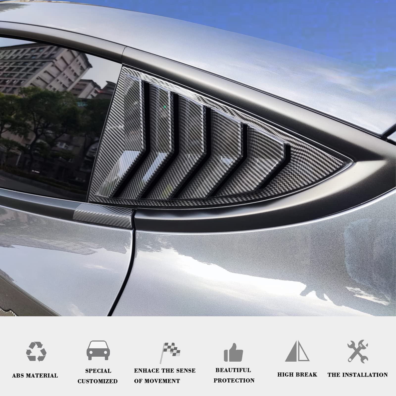 yhcdsea size comparison of louver beside Tesla Model 3 window illustrating perfect fit