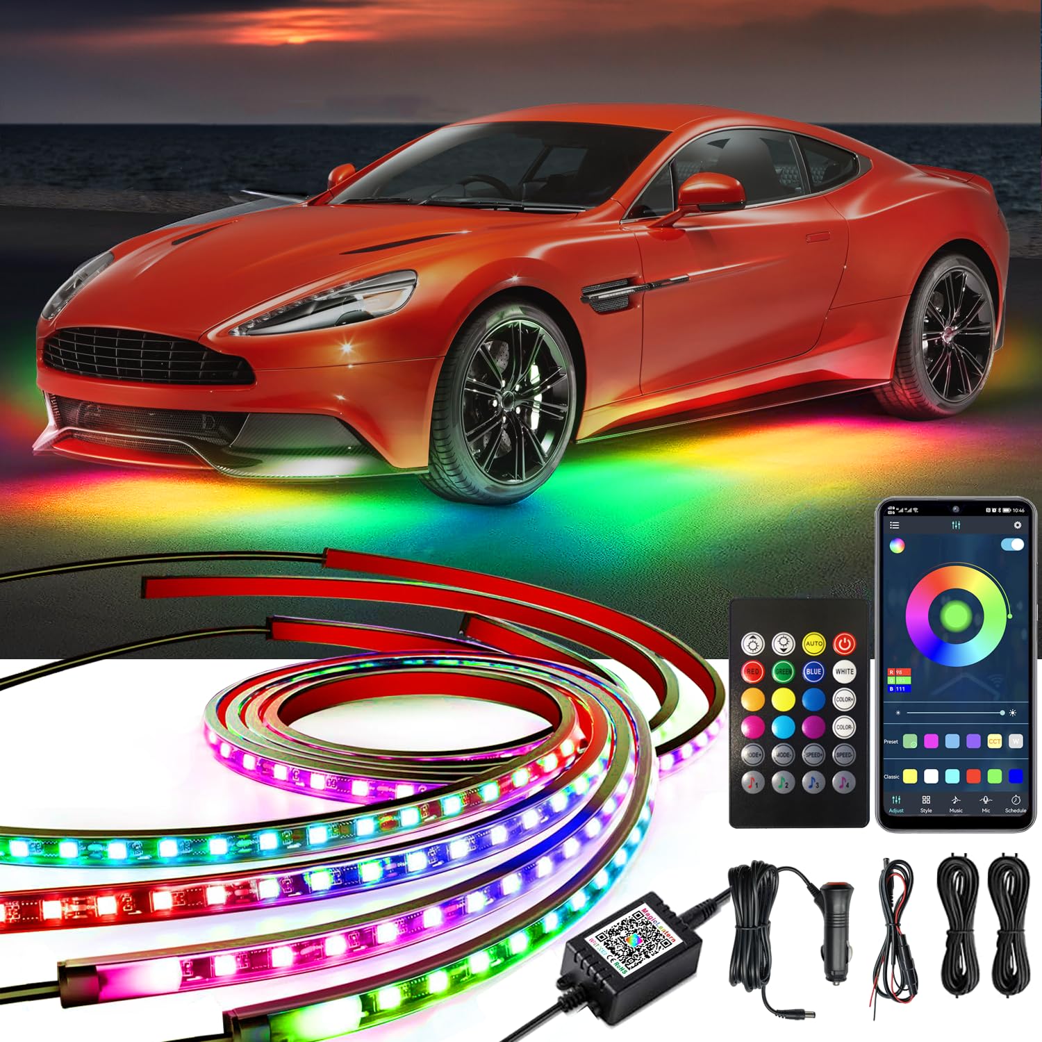 Yielinth front packaging showing complete underglow kit and accessories for quick setup