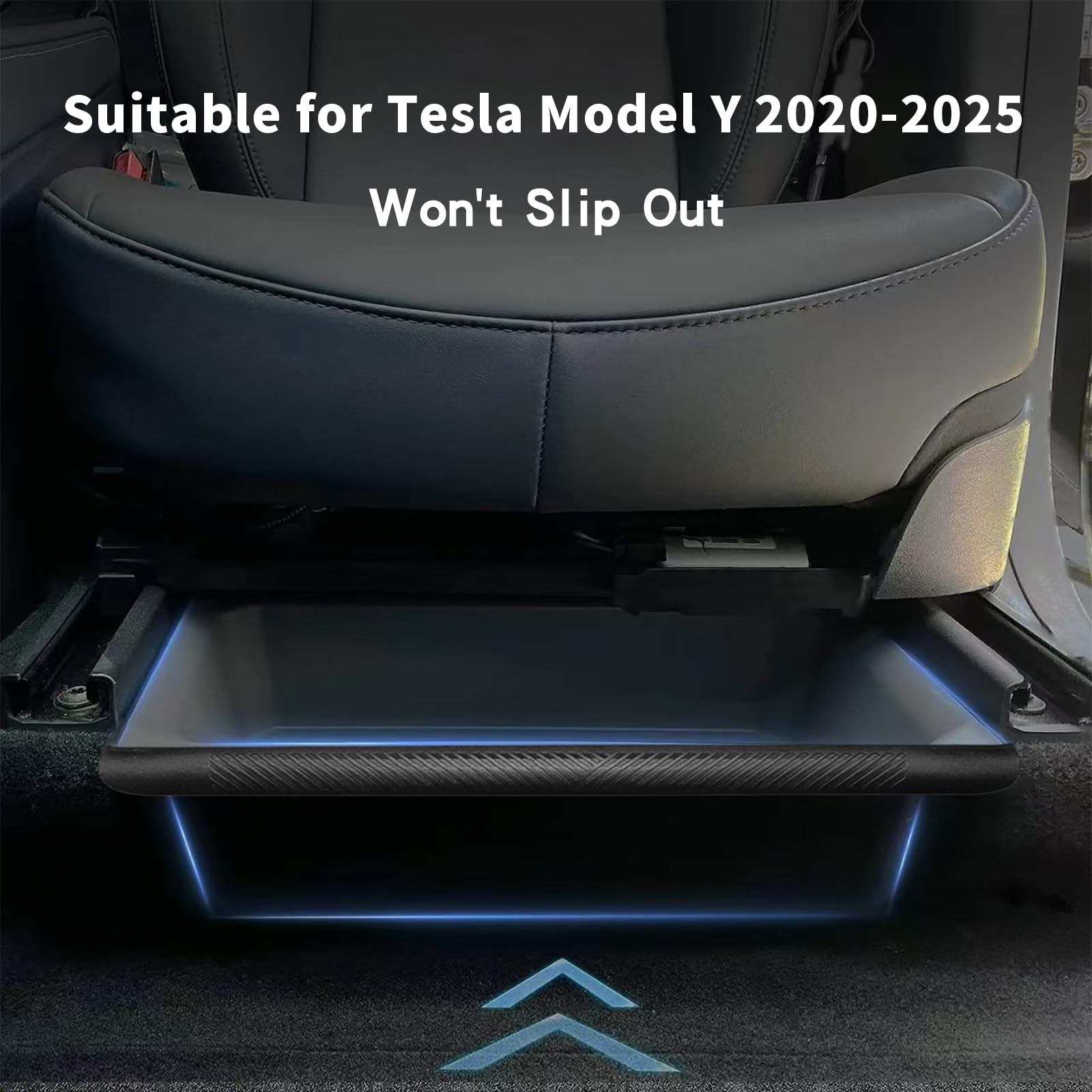 Yieokei installed under front seat in Model Y illustrating clutter-free interior