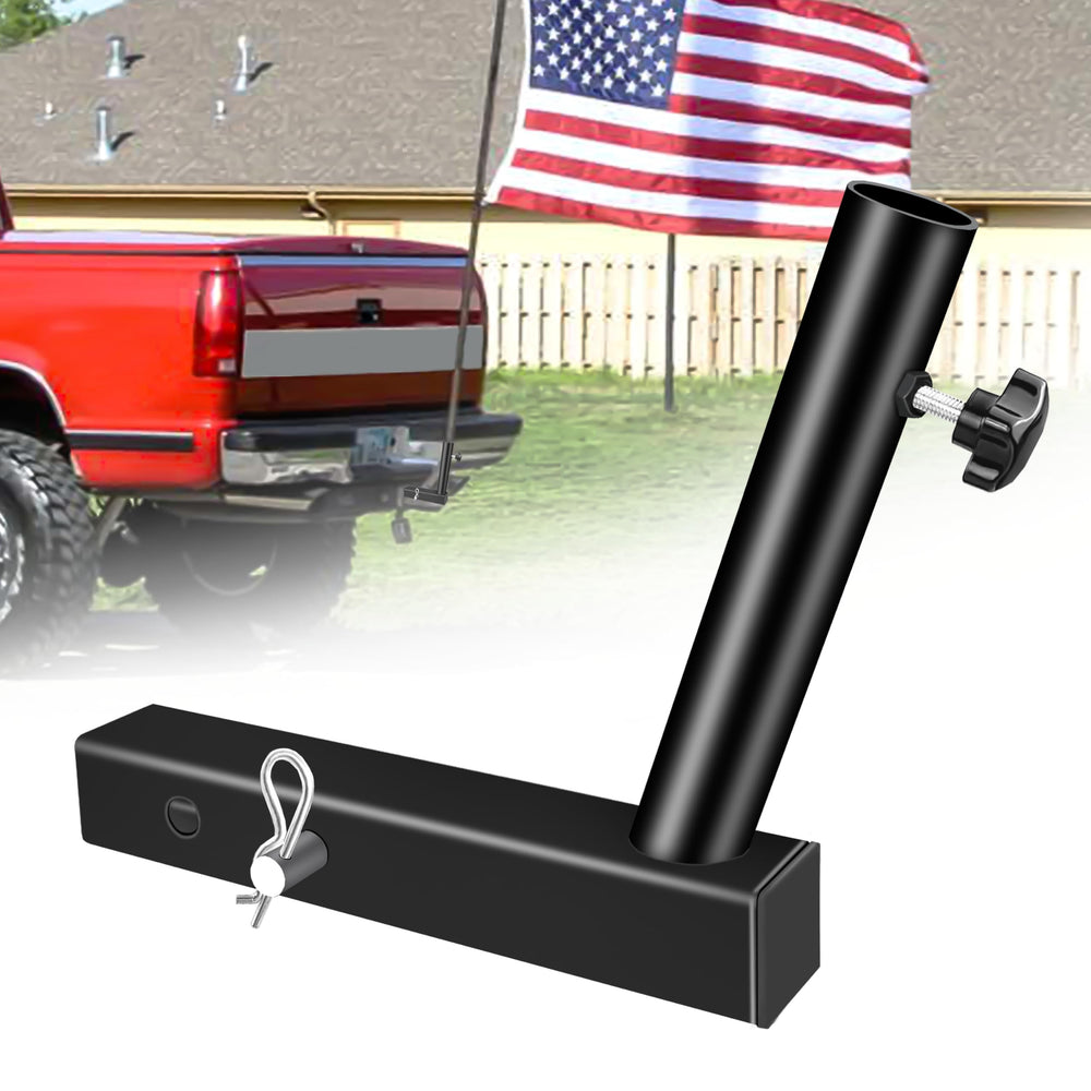 YIYITOOLS front view of hitch flag holder showing sturdy mount and fit benefit