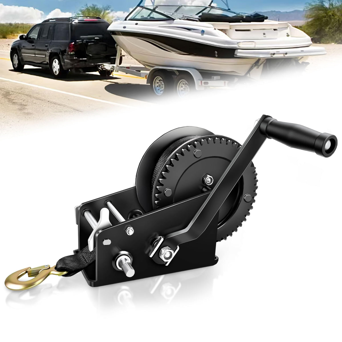 YIYITOOLS front view of 3500lbs winch showing compact mounting and benefits of durability