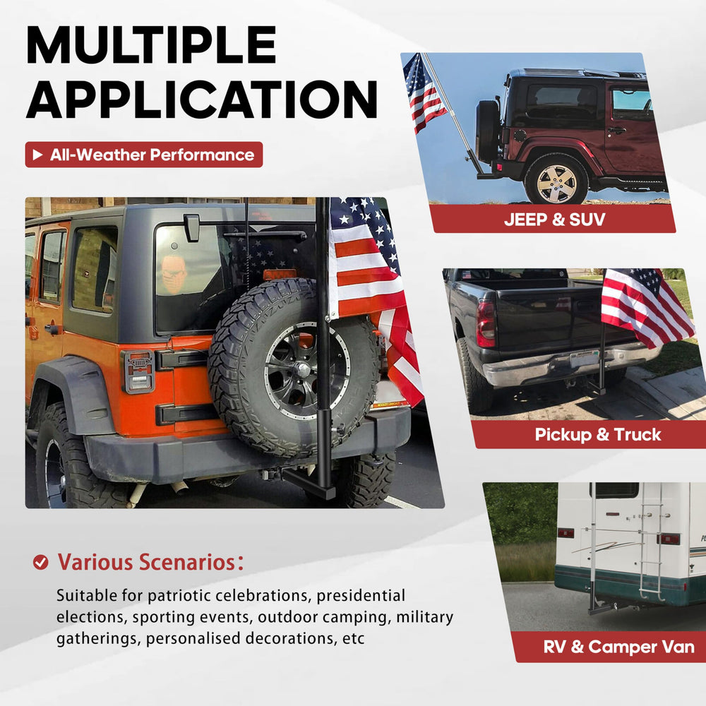YIYITOOLS lifestyle tailgate scene showing visible flag and easy installation benefit