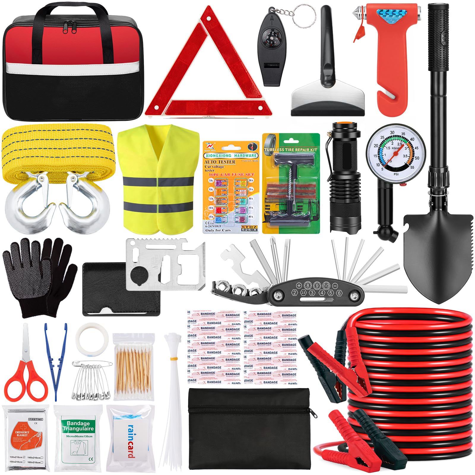 YJUSMAK front view of full emergency kit showing organized contents and quick access