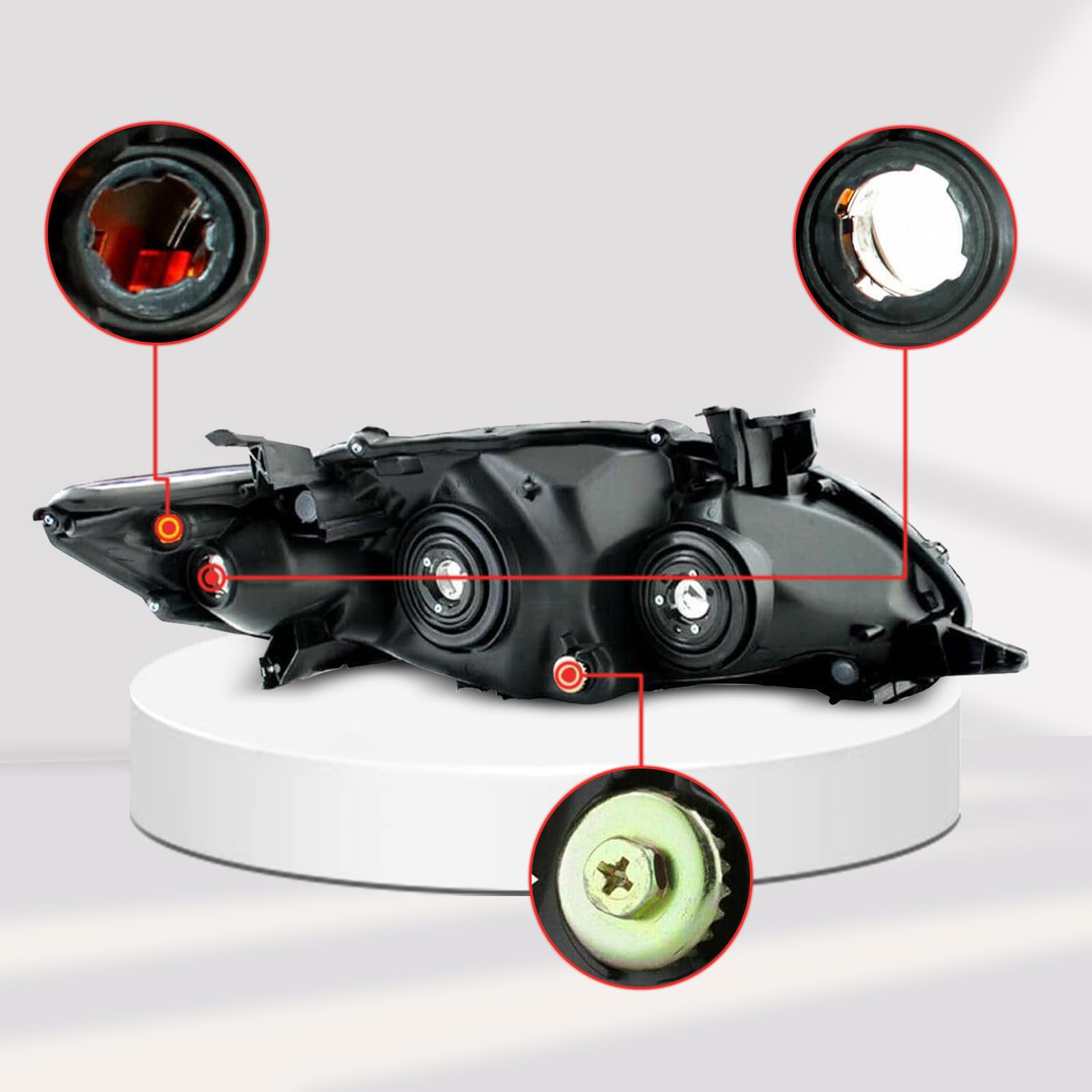 YLT AUTO headlight installed on 2012 Corolla showing upgraded black housing aesthetics