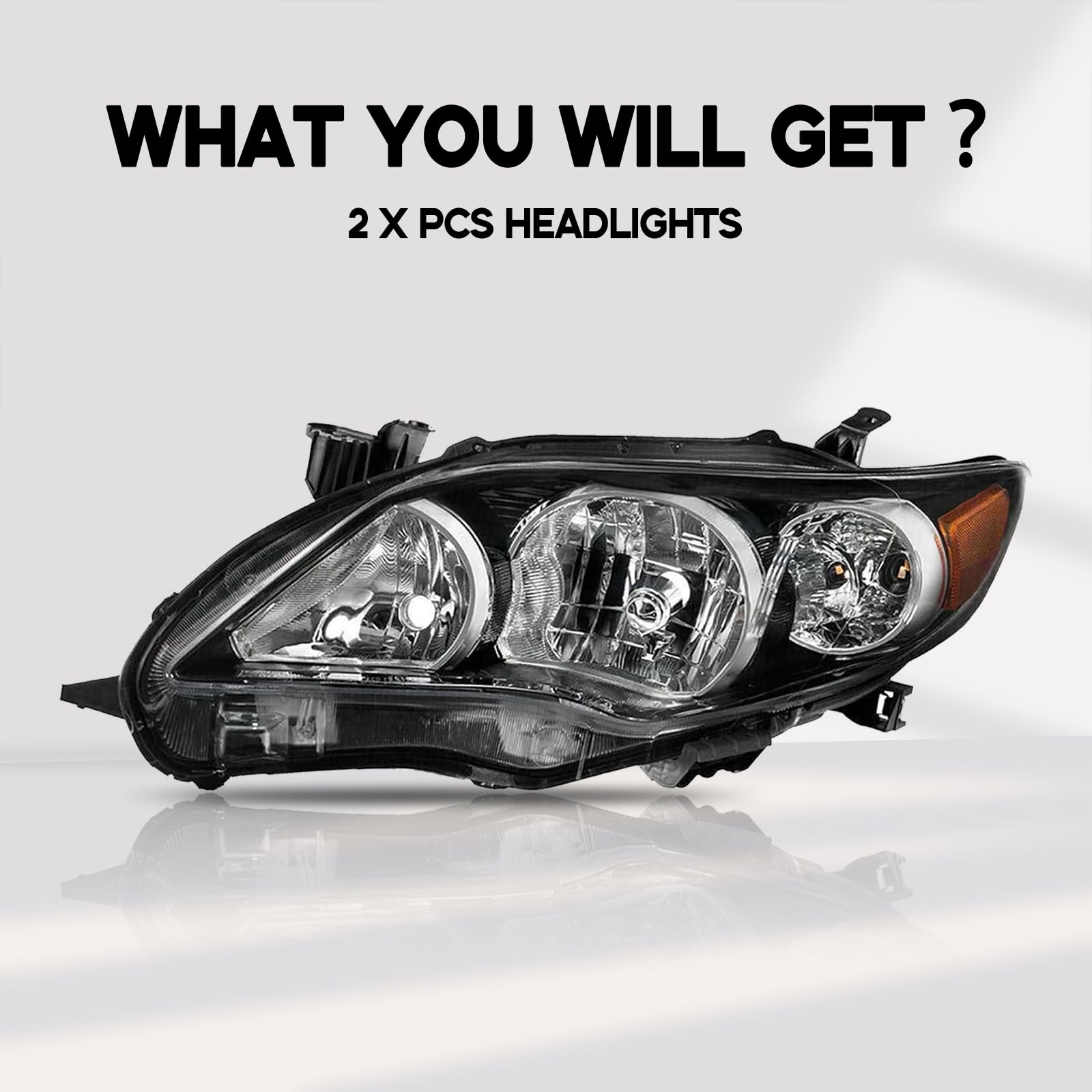 YLT AUTO headlight beside ruler showing dimensions and true-to-OEM fitment benefit