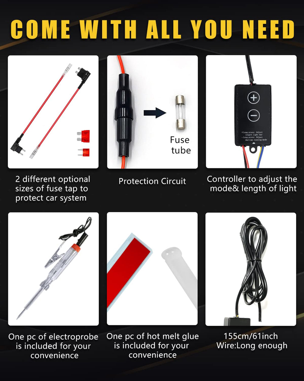 YM E-Bright fuse tap adapters and accessories showing safe installation parts