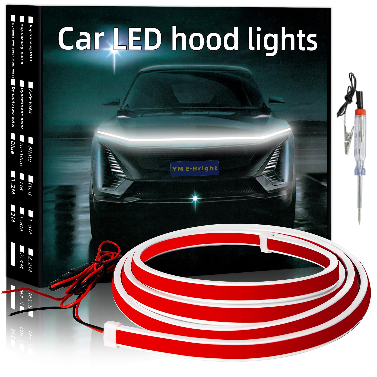 YM E-Bright front view of 59-inch hood strip showing full length and fit benefits
