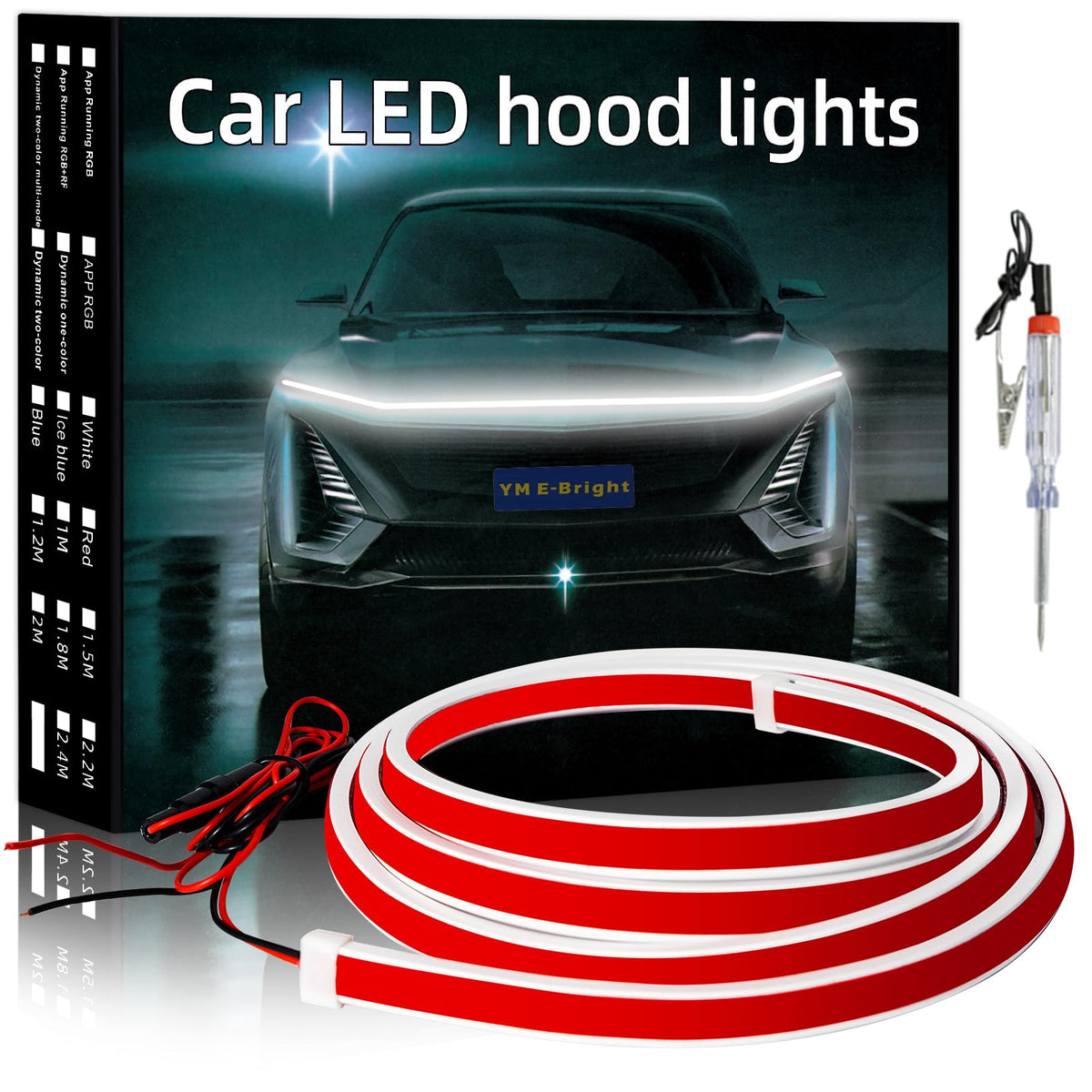 YM E-Bright front view of 59-inch hood strip showing full length and fit benefits