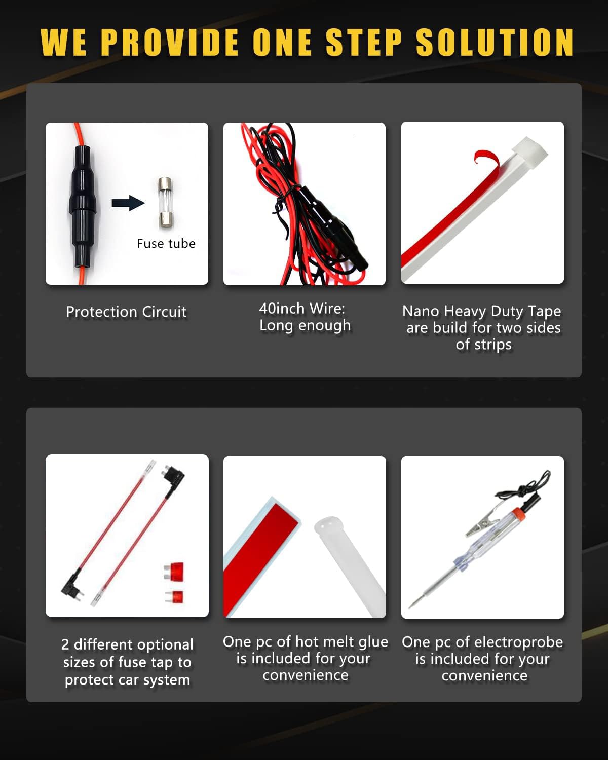 YM E-Bright kit contents with hot glue stick and test pencil for easier installation benefit