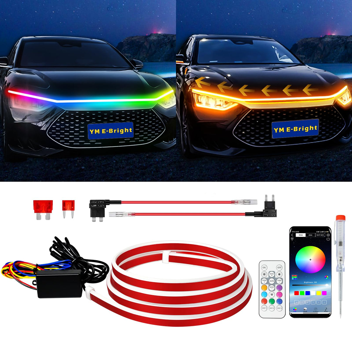 YM E-Bright front view of hood LED strip showing full product and benefit of visibility