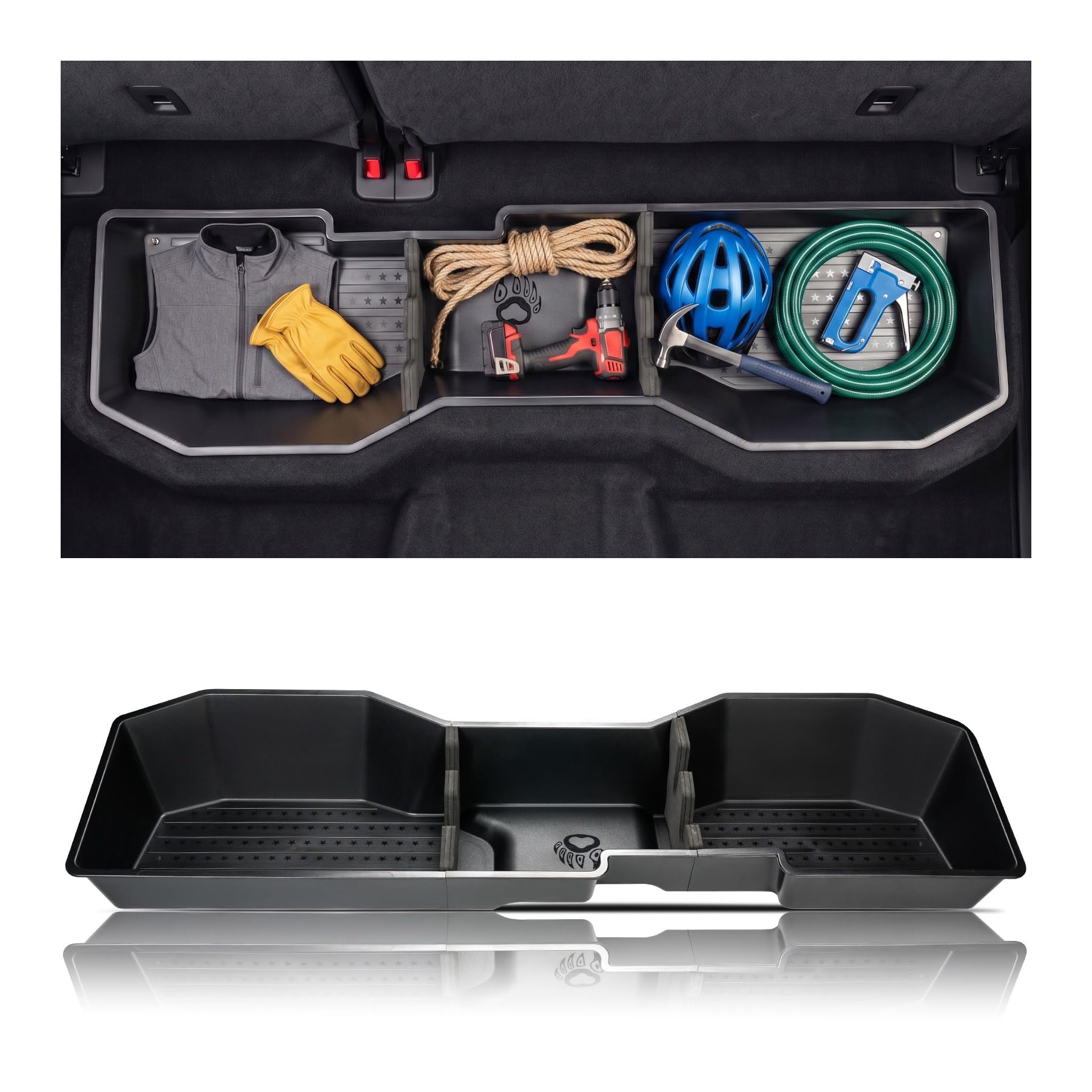 YoCenSe front view installed under rear seat showing clean custom fit benefit