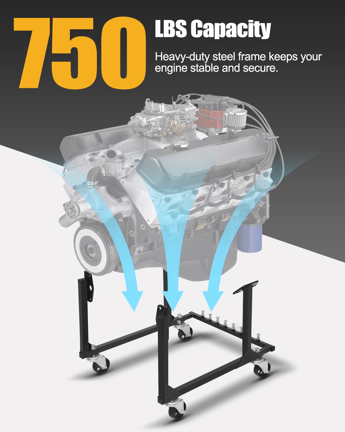 YOLANDO mounted Chevy small-block example demonstrating secure support benefit