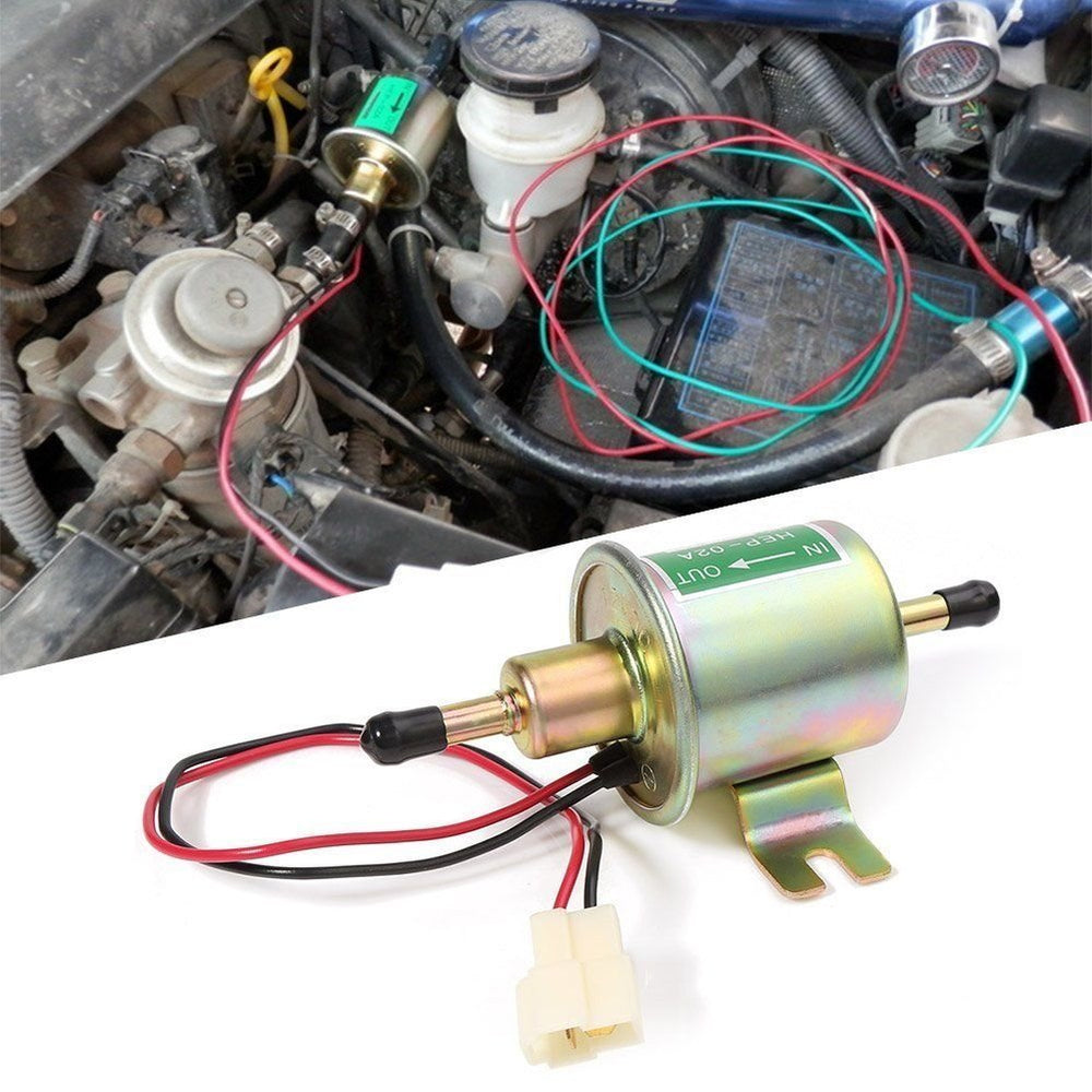 YONEDA pump next to a car battery showing compact size and 12V compatibility