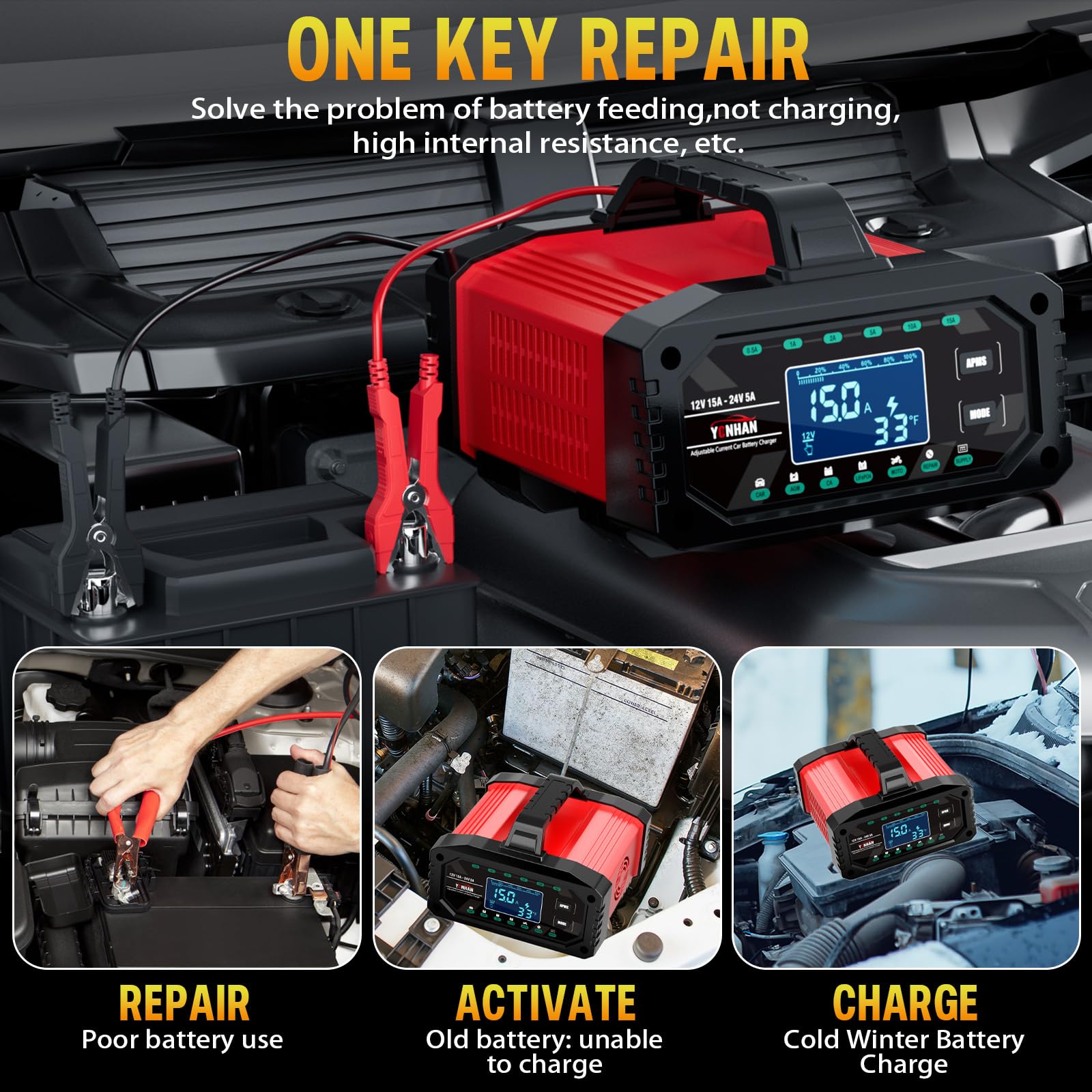 YONHAN connected to a car battery demonstrating safe charging in action