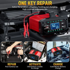YONHAN connected to a car battery demonstrating safe charging in action