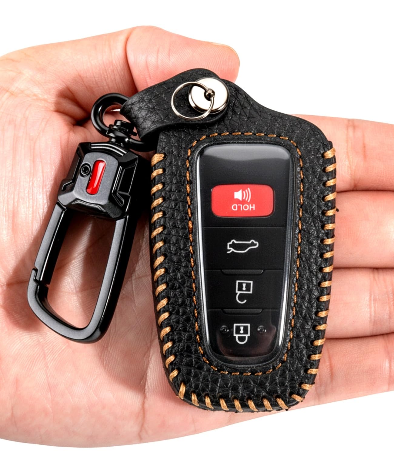 YONUFI front view of black leather key fob cover showing tidy profile and protection