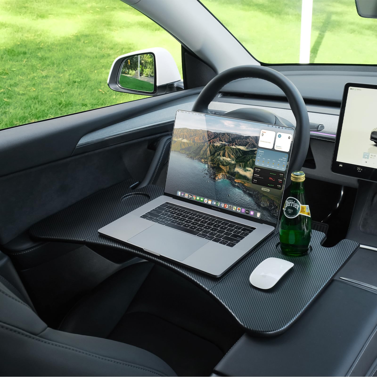 YONZEE front view showing carbon tray and sleek profile for neat in-car use