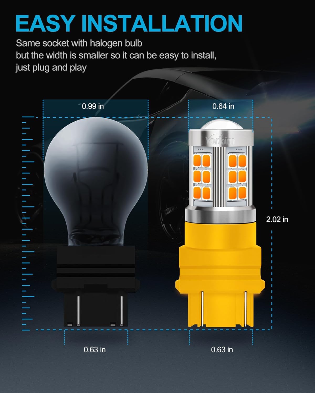 Yorkim next to halogen bulb showing smaller footprint and easier fit