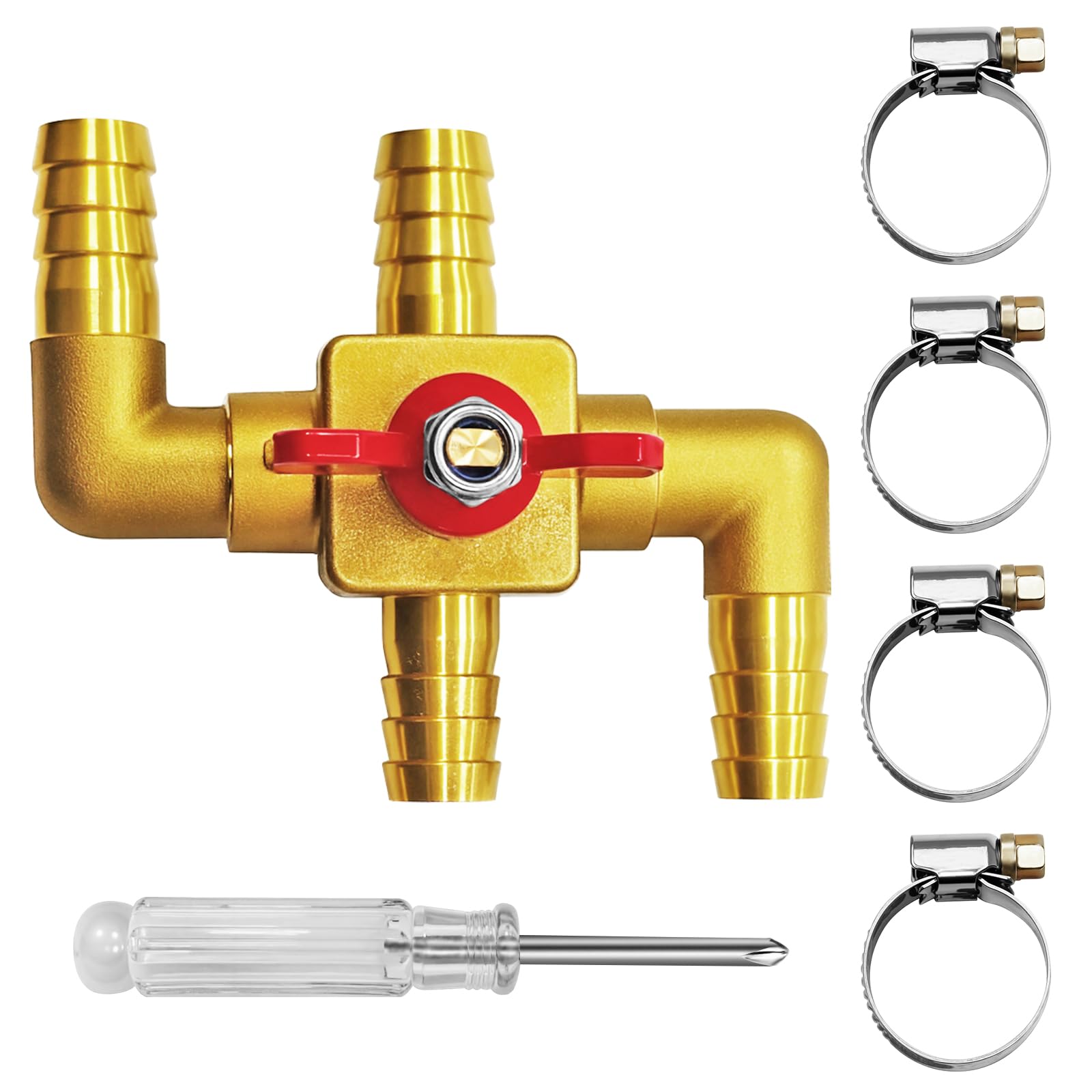 yourheey front view of brass 4-way valve showing compact profile and secure ports