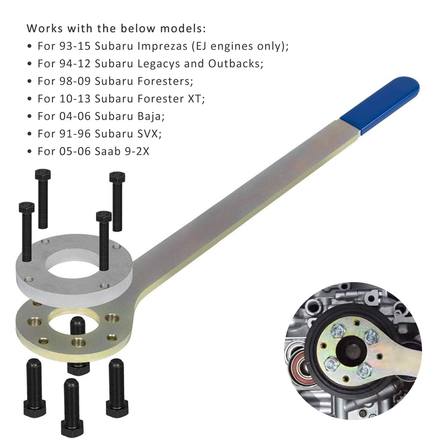 Yoursme tool in use on a Subaru engine demonstrating stable crank pulley holding during service