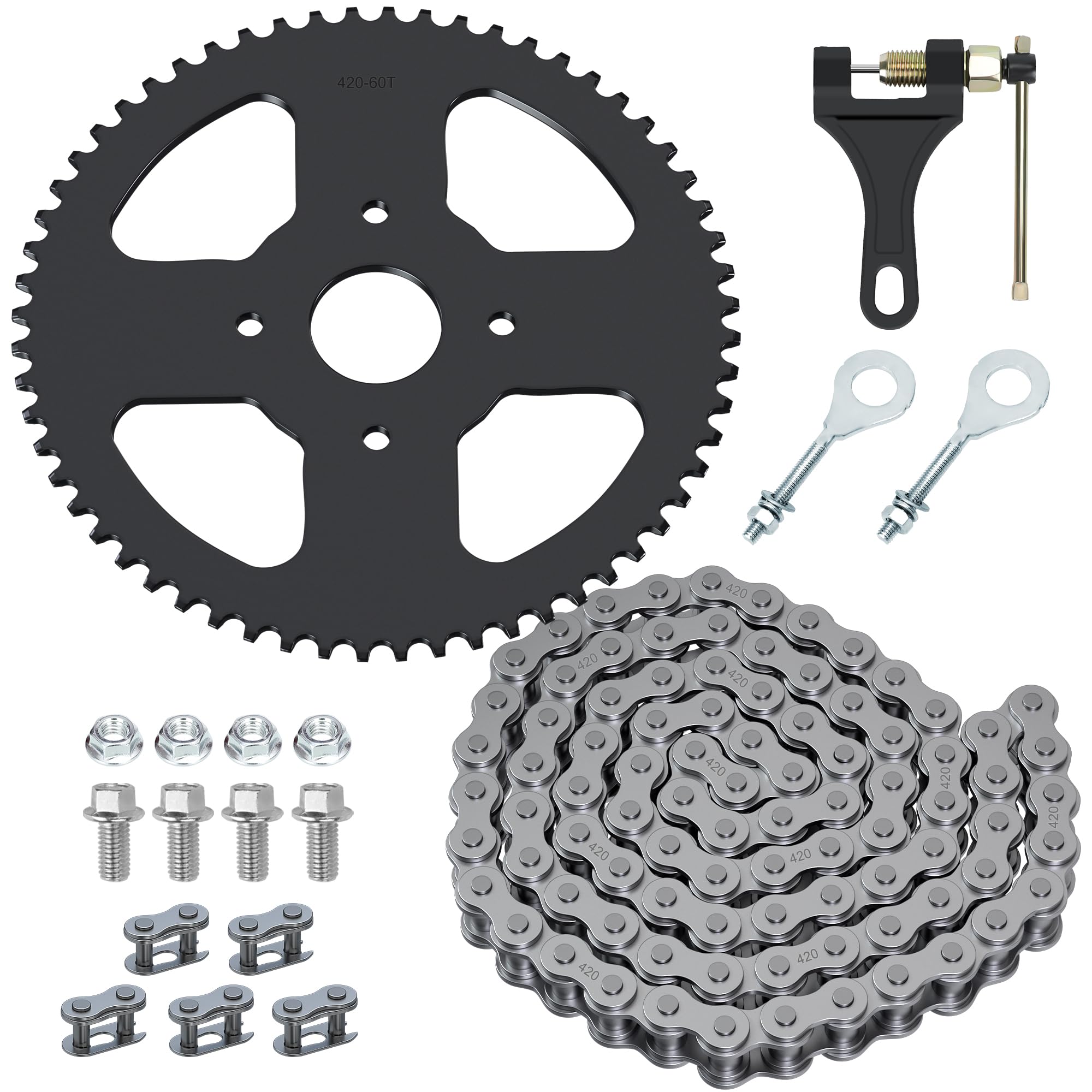 YOXUFA front view of sprocket and 420 chain showing complete kit and durability