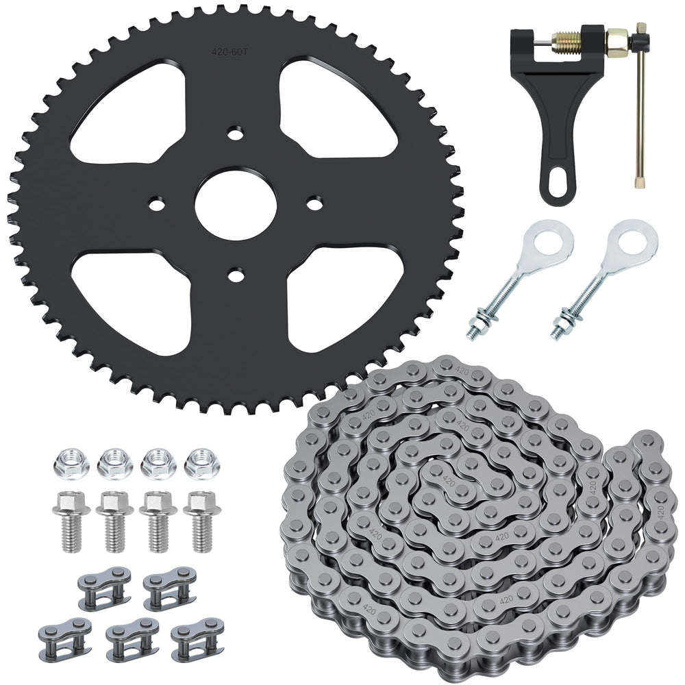 YOXUFA front view of sprocket and 420 chain showing complete kit and durability