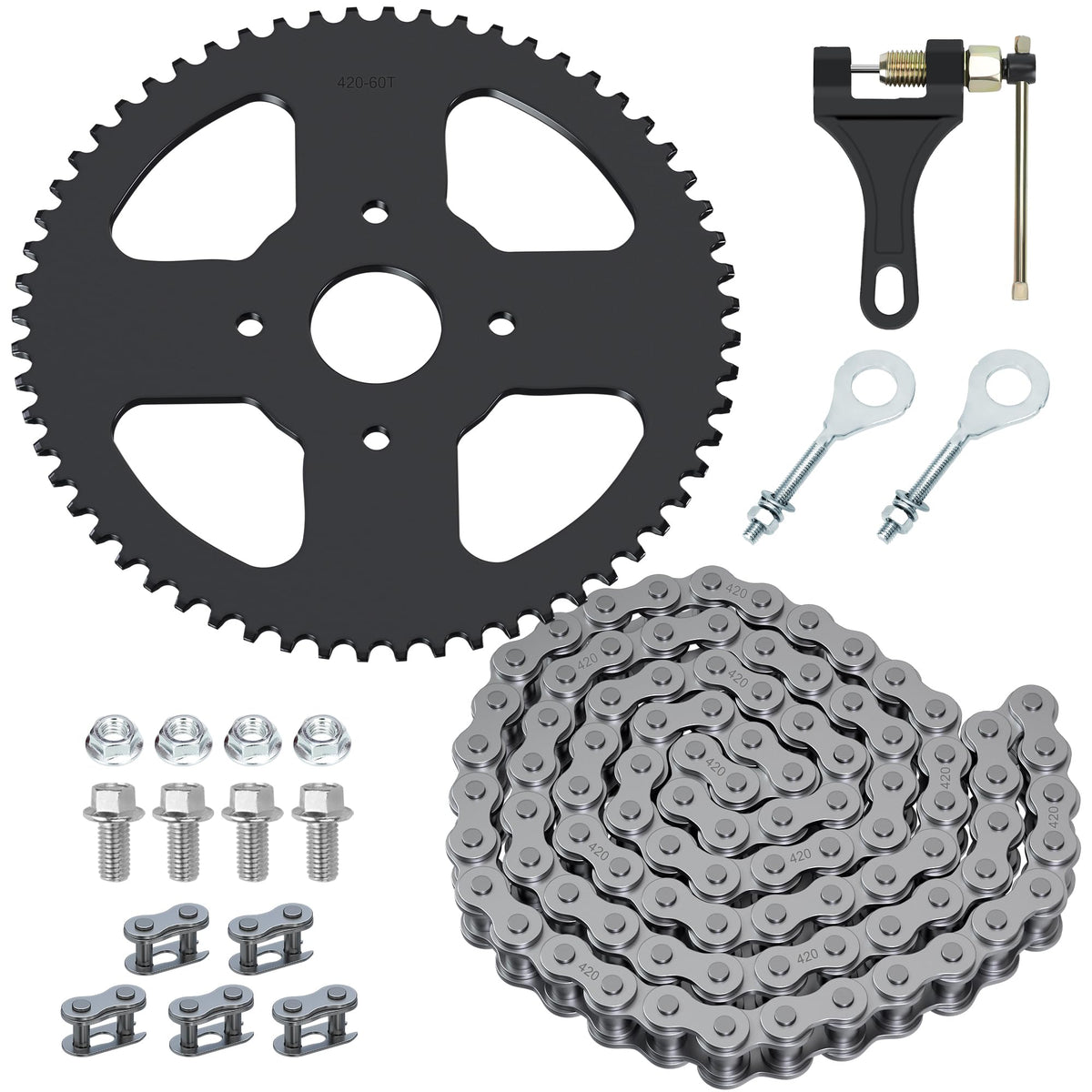 YOXUFA front view of sprocket and 420 chain showing complete kit and durability