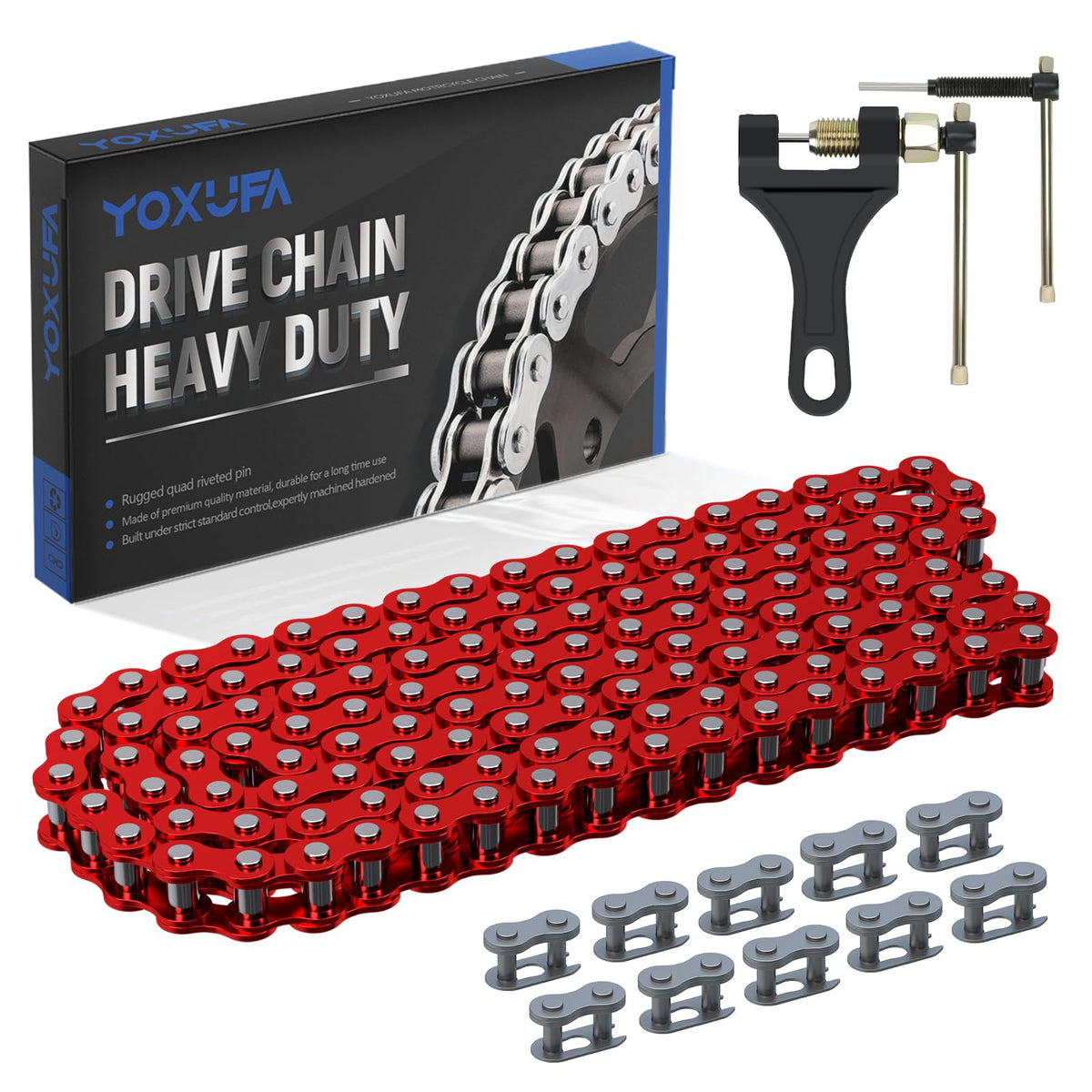 YOXUFA red 420 chain full-length showing fit and vibrant finish for easy identification