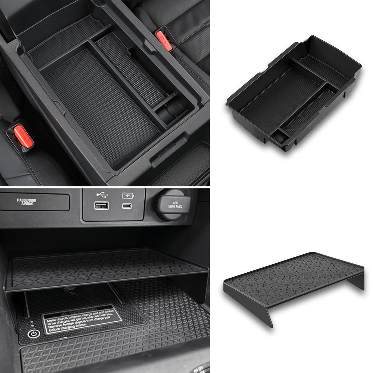 YPHUIKI front view of both console trays showing fit and clean finish for easy organization