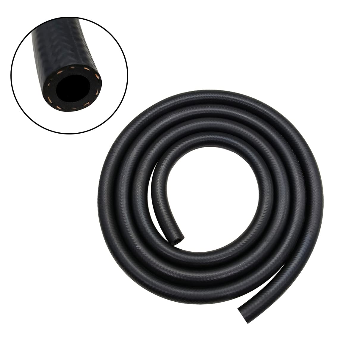 YSIL front view of coiled fuel hose showing full length and labeling, clear product identification and convenience