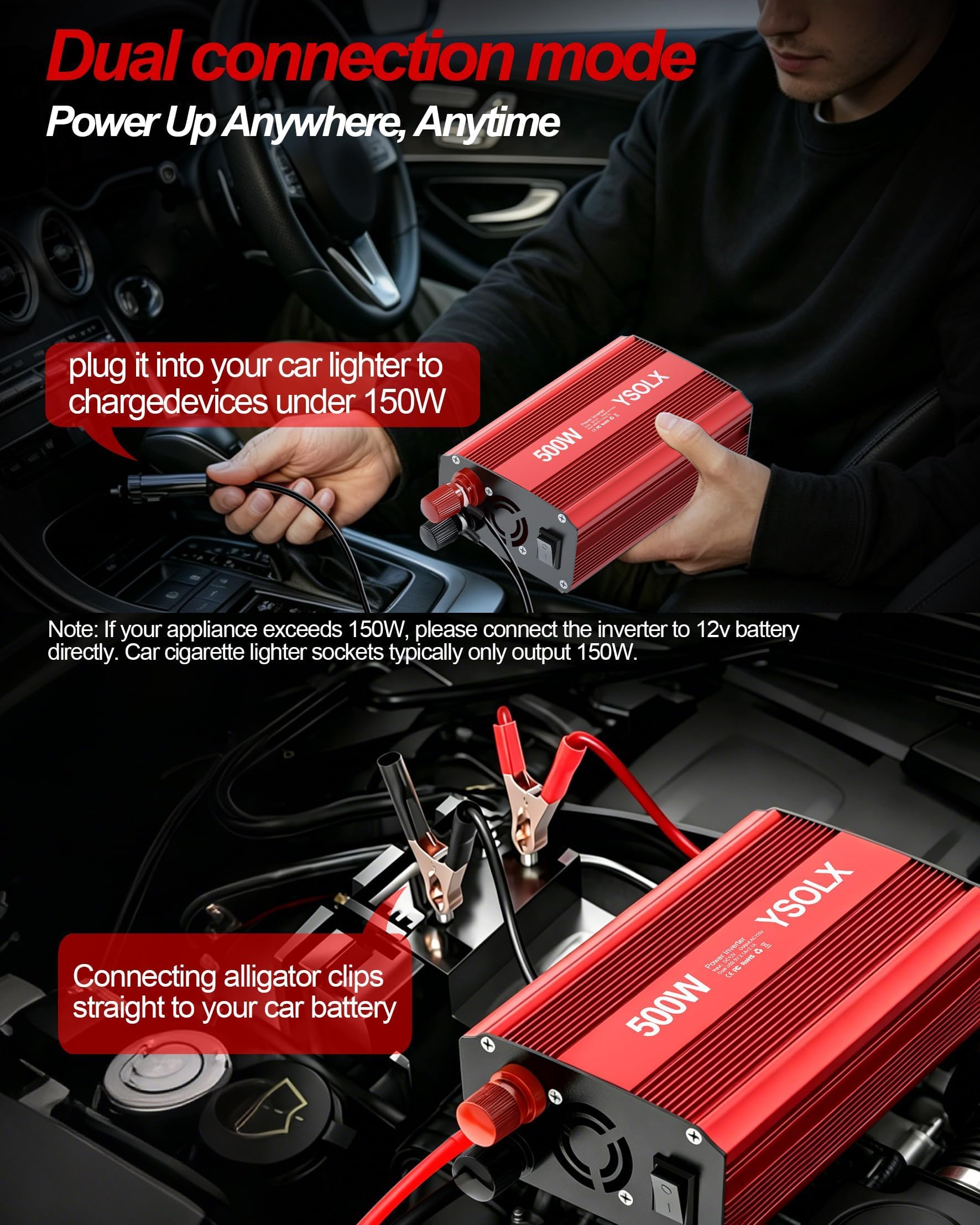 YSOLX cigarette-lighter plug inserted in car outlet for convenient power