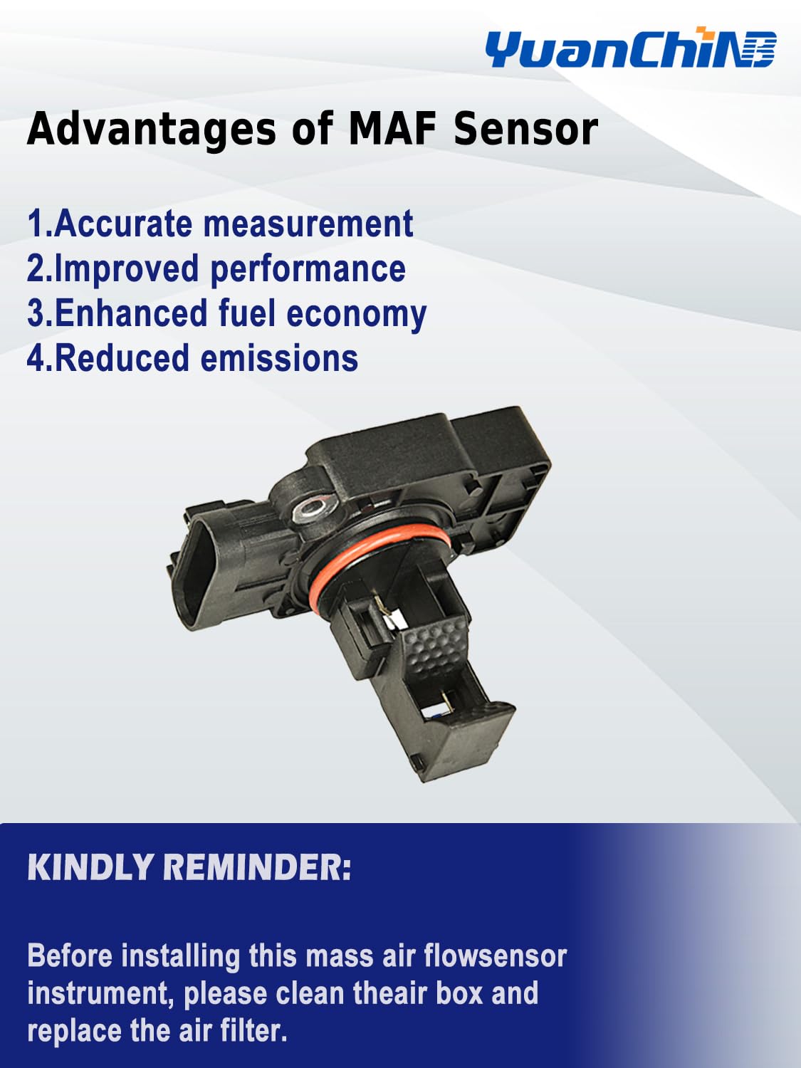 YUANCHINB MAF sensor beside ruler showing compact size and direct-fit benefit