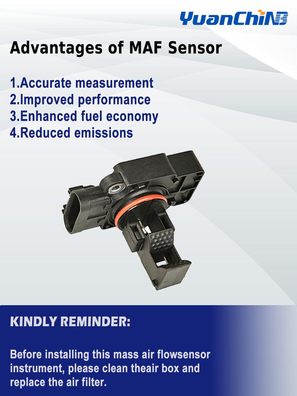 YUANCHINB MAF sensor beside ruler showing compact size and direct-fit benefit