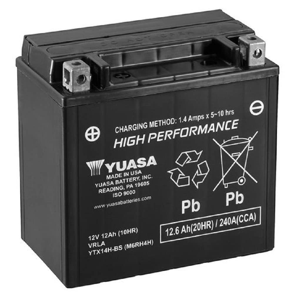 Yuasa YTX14H-BS front view showing label and terminals, reliable starting power