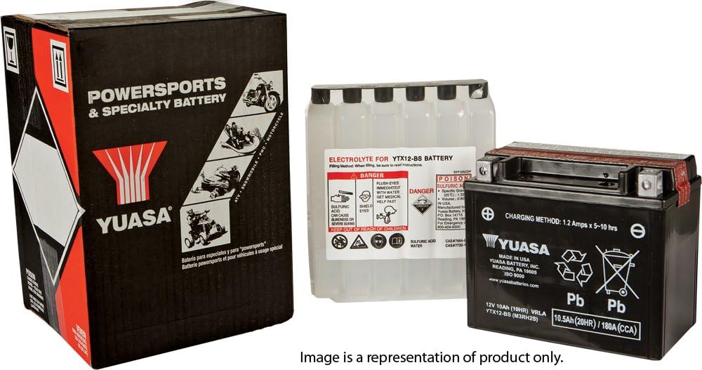 Yuasa battery with included acid pack ready for activation, improving shelf life and safe transport