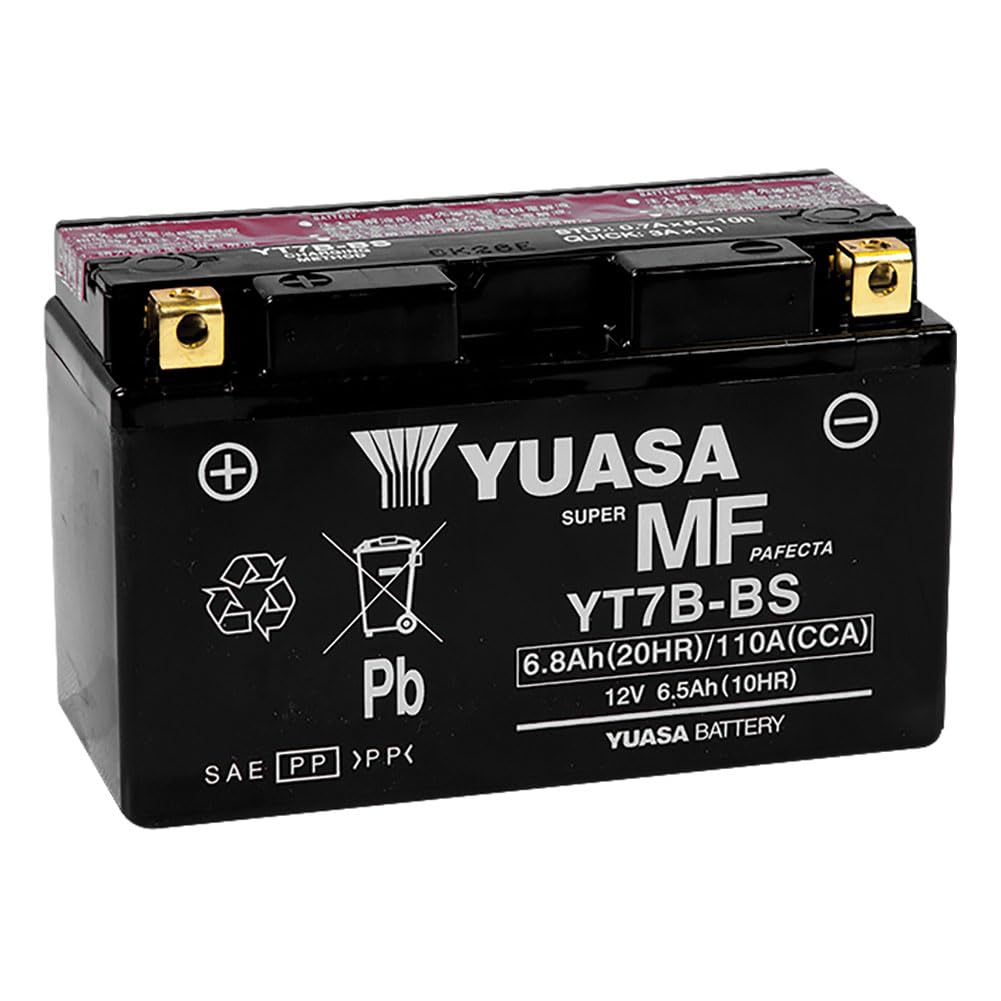 Yuasa YUAM62T7B front view showing compact battery and label, reliable fit