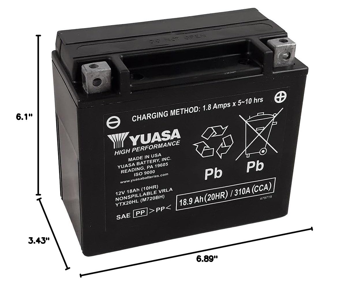 Yuasa YUAM720BH top terminals close-up highlighting secure connections and durability