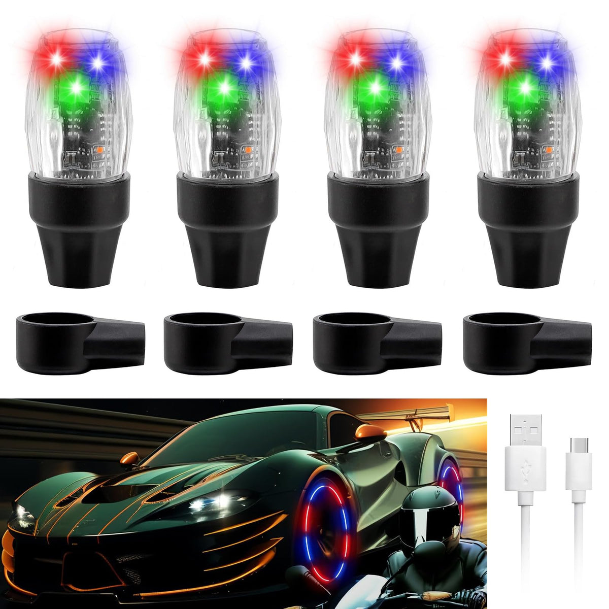 YUERWOVER valve lights front view showing compact caps and easy-fit benefit