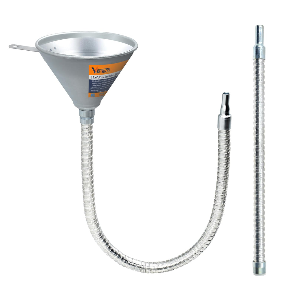 Yuesstloo front view showing steel funnel and two hoses for durable refills