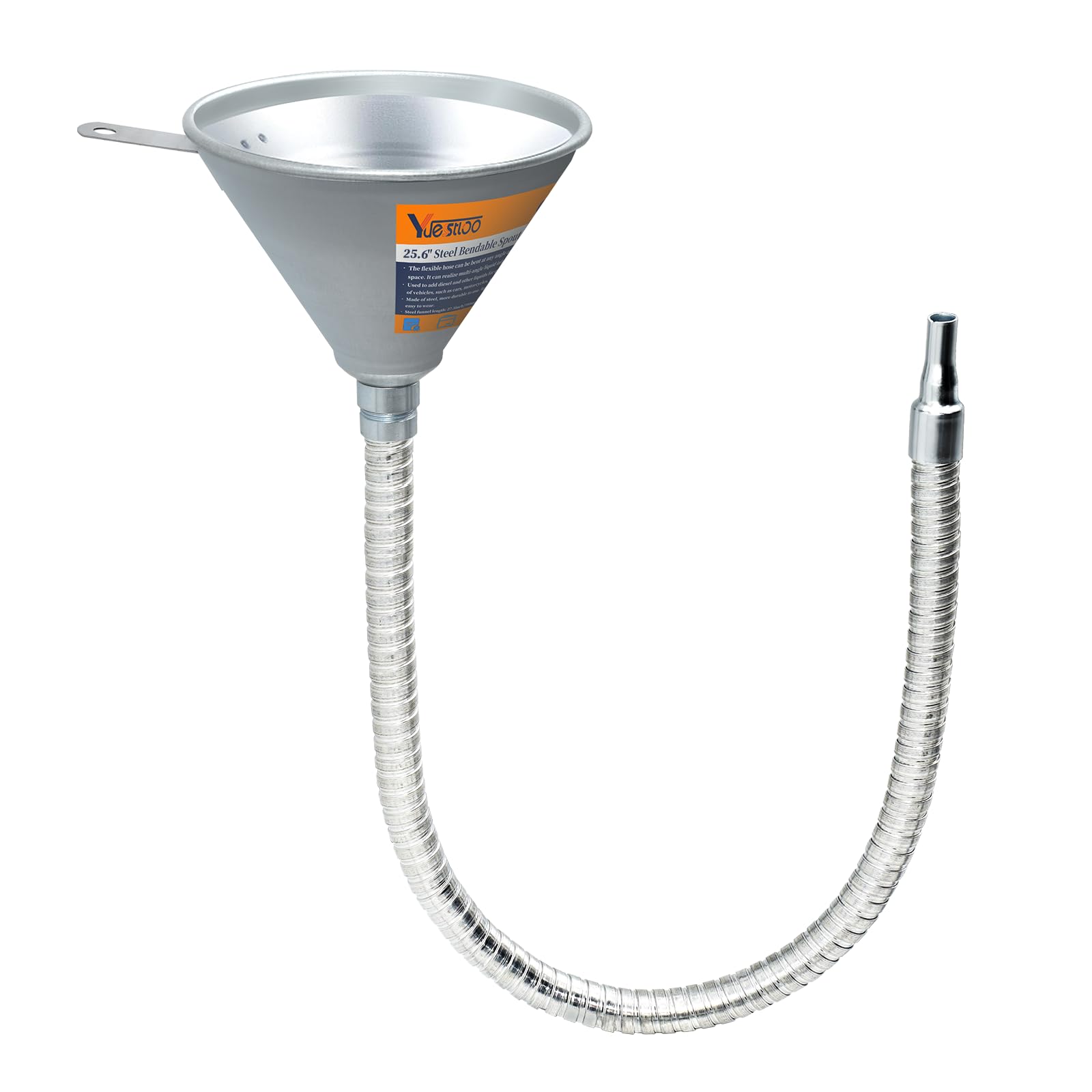 Yuesstloo front view steel funnel showing full length and durable build for precise pours