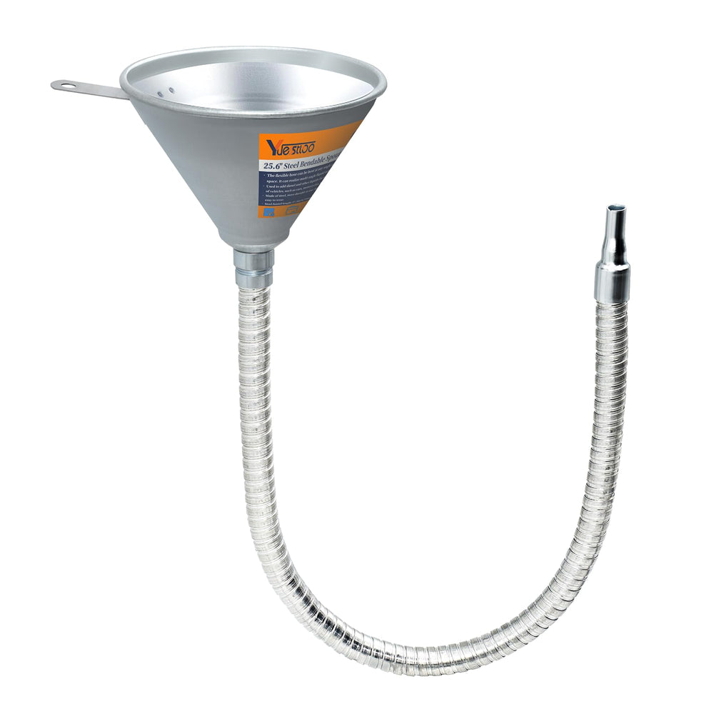 Yuesstloo front view steel funnel showing full length and durable build for precise pours